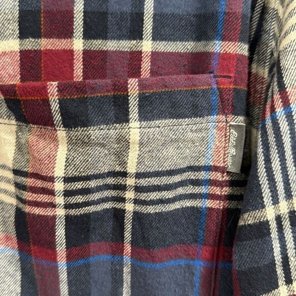 Eddie Bauer Mens Plaid Flannel Shirt Navy Burgundy Cozy Rustic Fall Outdoor - Picture 8 of 14